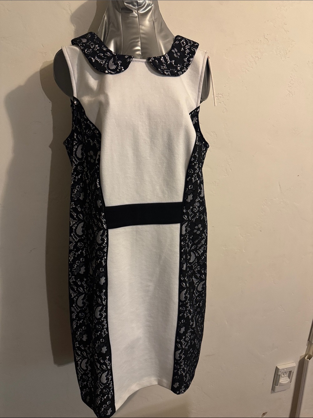Elle Black and White Lace-Panel Midi Dress with Peter Pan Collar